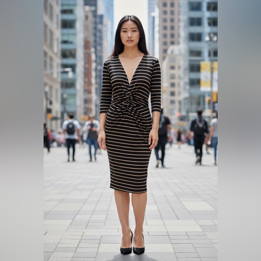 Bailey 44 Black and Brown Striped Midi Dress